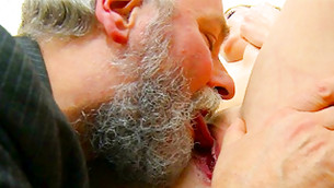 Bearded mature chum is putting his sharp tongue inside the fanny hole