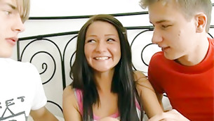 Really delightful teen age hustler is having fun with two playmates
